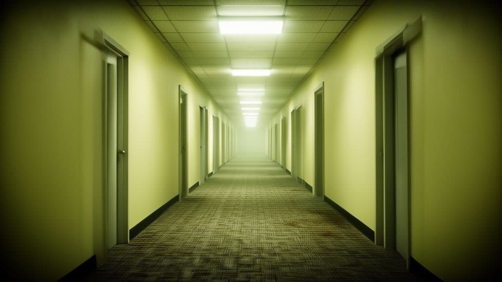 Empty fluorescent-lit yellow-walled liminal hallway with patterned carpet and no visible exit, evoking abandoned office space