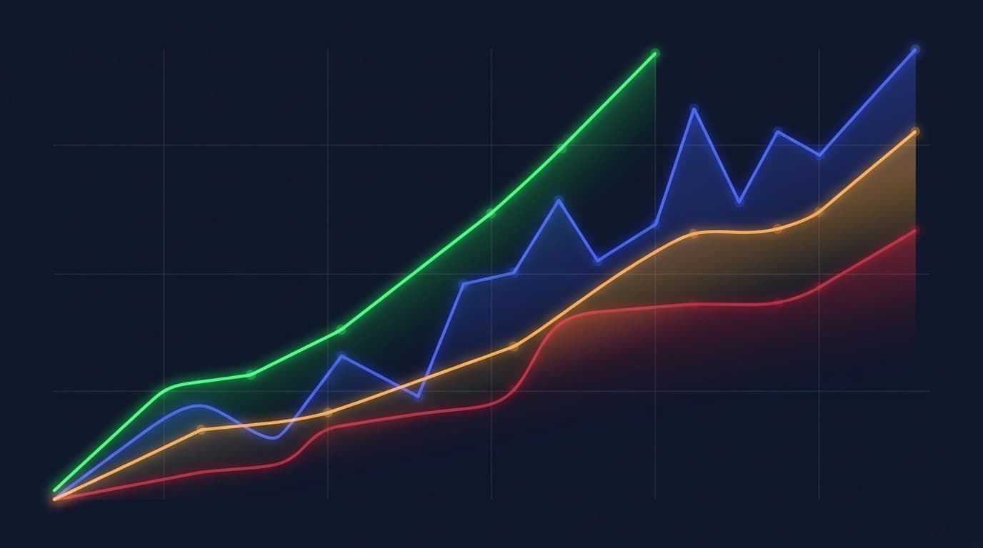 Abstract illustration of four overlapping translucent line charts in different colors climbing at different slopes against a plain dark background, no people, no text