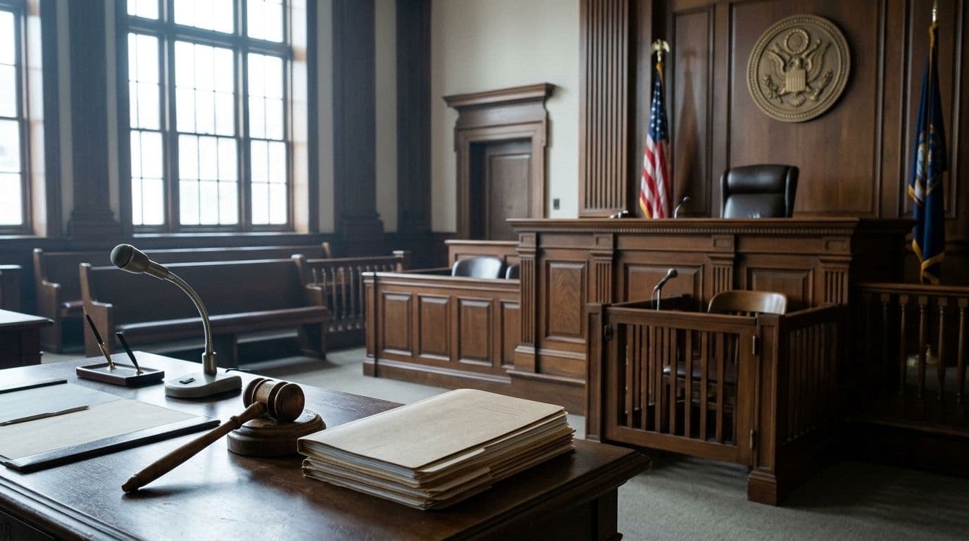 Empty federal courtroom with a wooden witness stand, a gavel and stacked case folders in cool window light.