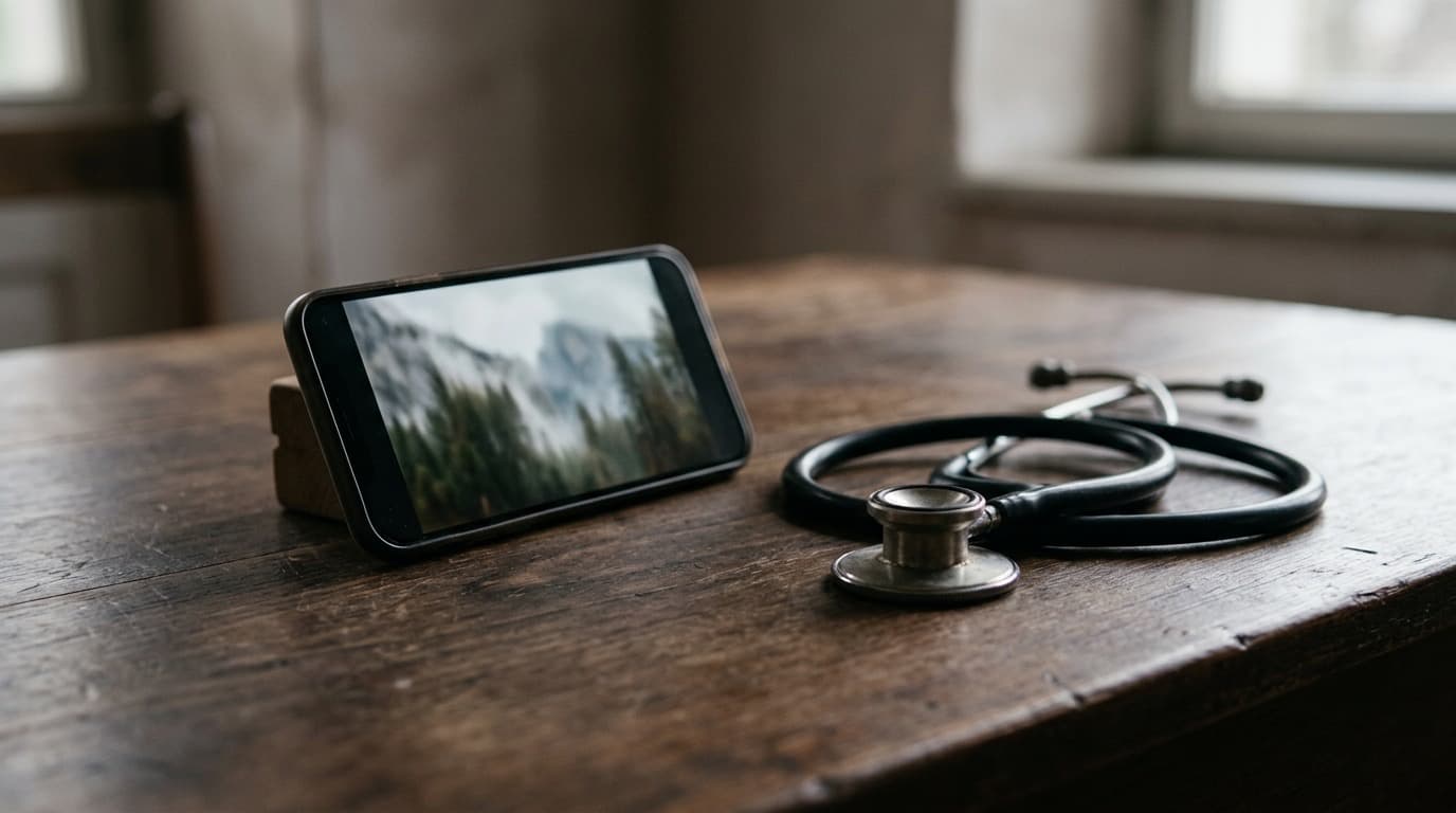 A smartphone propped on a wooden desk playing a paused video, a stethoscope coiled beside it, soft window light, no people, no text or logos visible anywhere in frame.