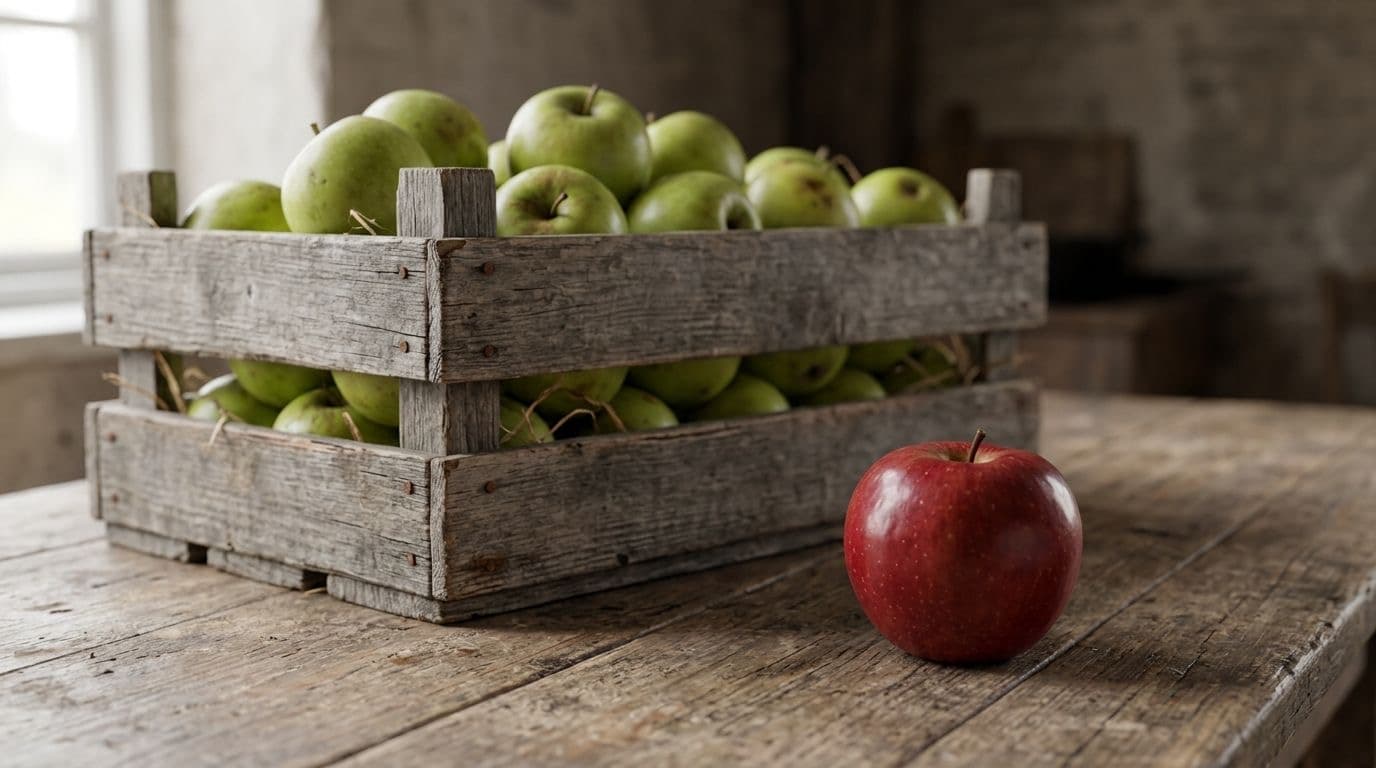 A single glossy red apple resting apart from a wooden crate of green apples in soft window light