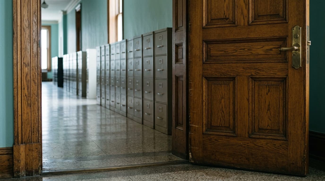 A heavy oak door of a state capitol office standing slightly open onto a corridor of filing cabinets, no people.