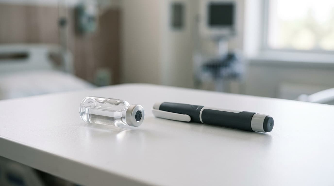 A single glass medication vial and a weekly injection pen resting on a clean white clinical table under soft light, no people, no text, no logos.