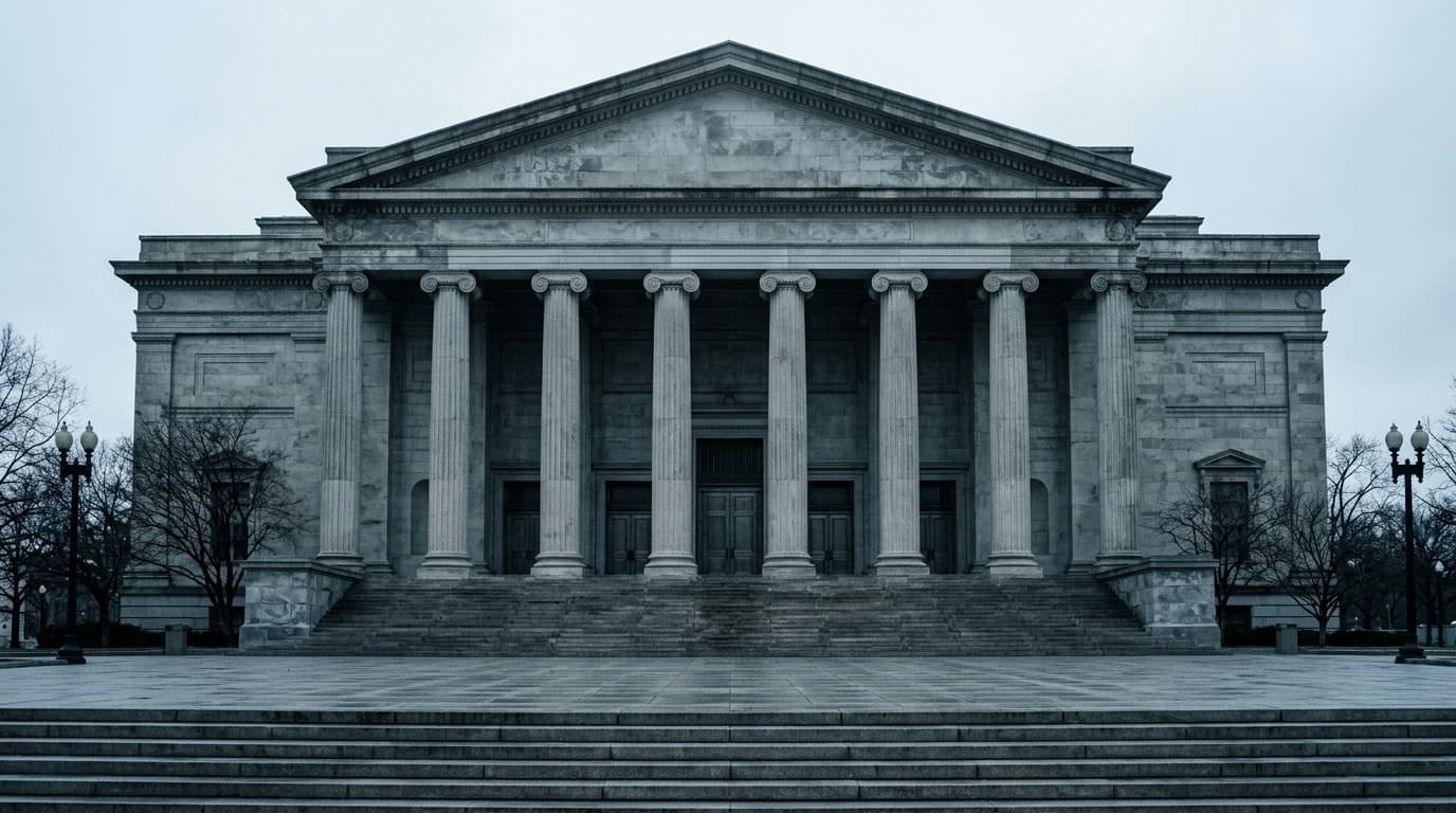 Exterior columns of a classical stone government building against a pale sky, no people, no text.