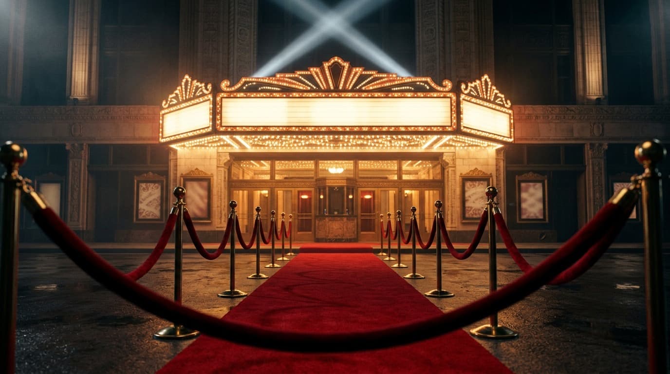 An empty red carpet and velvet rope barricade under theater marquee lights at night, no people visible.