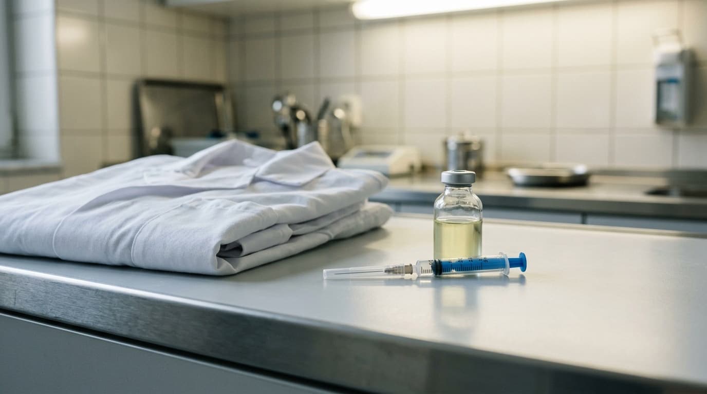 A single glass vial and syringe on a clean clinical countertop beside a folded white lab coat, no people, no visible text.