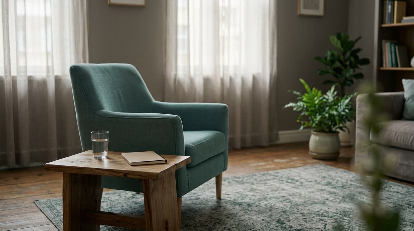 A quiet therapy room with an empty armchair and a side table holding a glass of water and a closed notebook, soft morning light through sheer curtains.