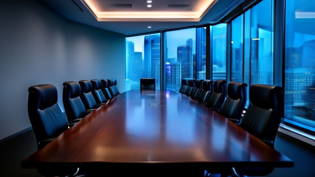 An empty modern corporate boardroom with a long wooden conference table and empty leather chairs, floor to ceiling windows overlooking a city financial district skyline at dusk, no people, no text.