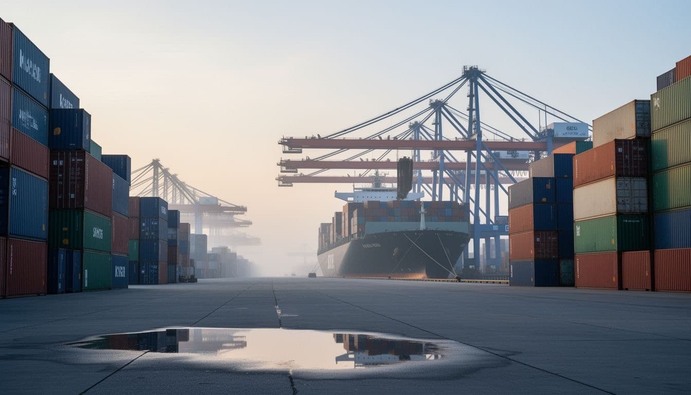 Container port cranes and stacked shipping containers at dawn