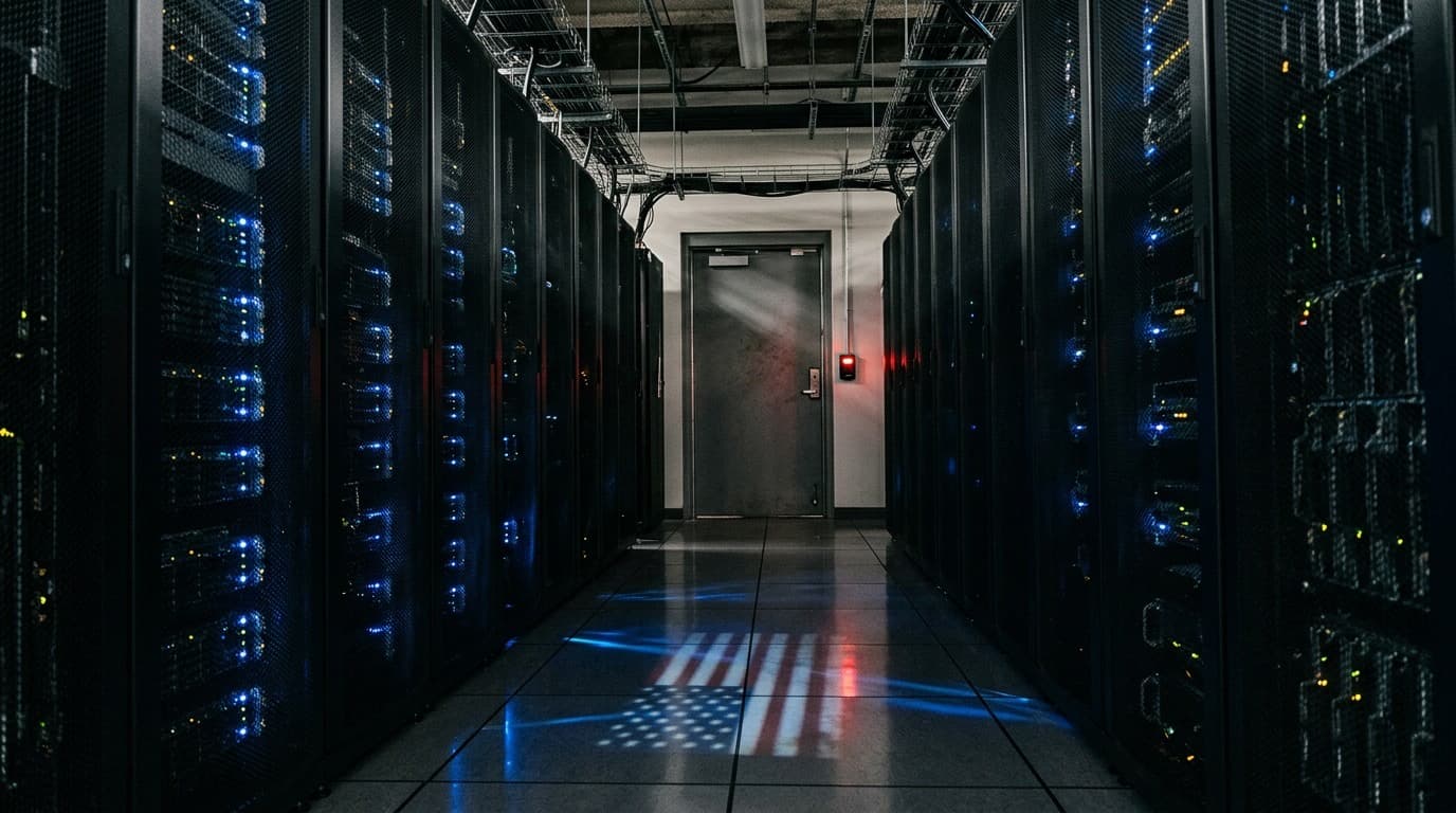 Editorial photo of a server rack corridor in a secure government data center, cool blue LED light, a locked steel door with a glowing red card reader at the far end, no people, no text.