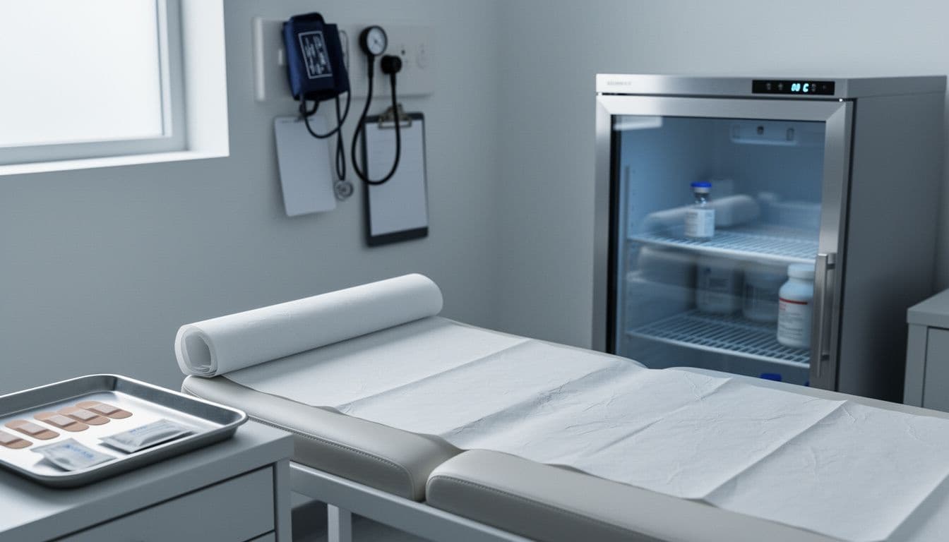 A clinic exam room with a vaccine refrigerator, a blood pressure cuff and an exam table