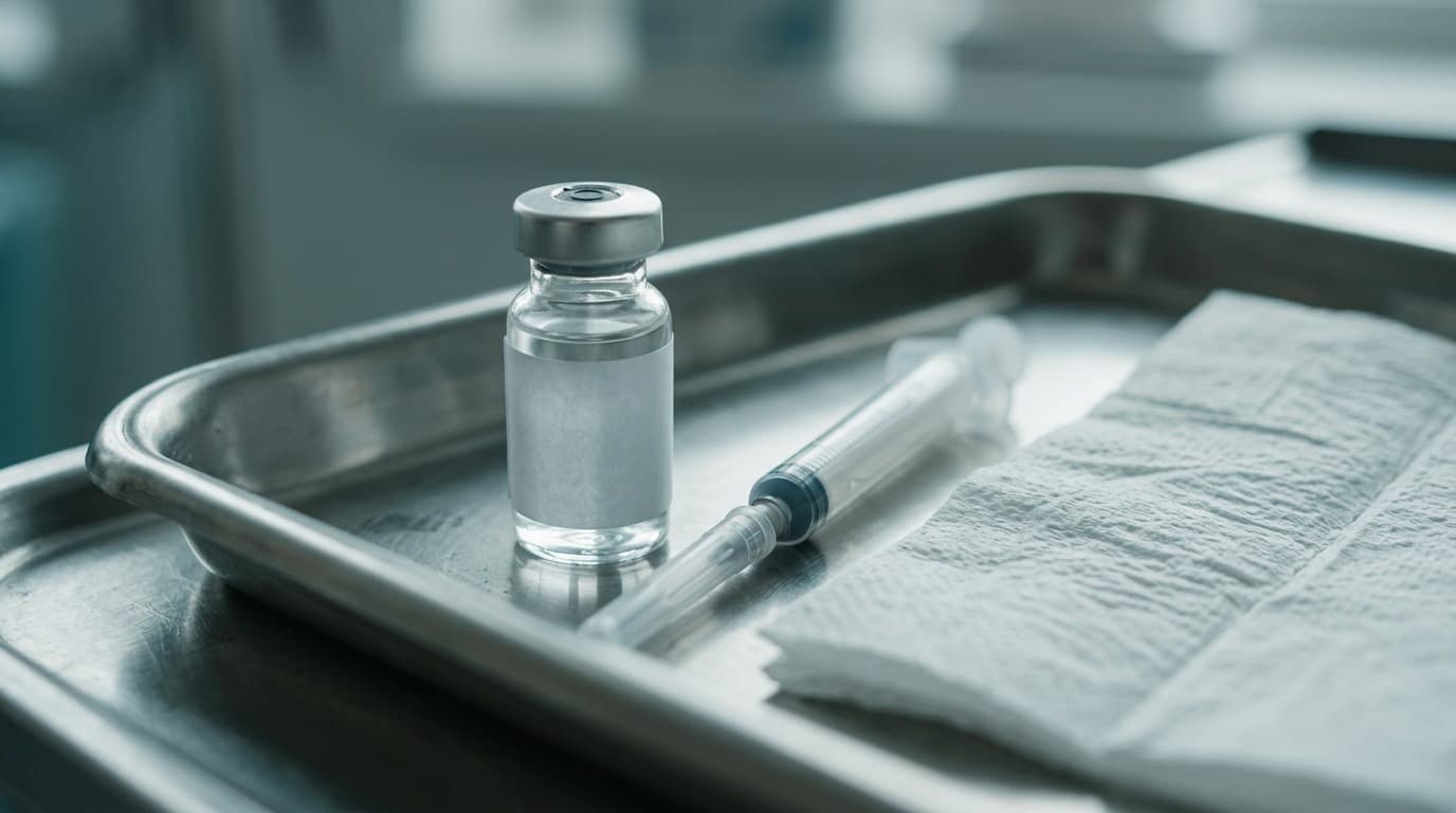 A blank-label glass vaccine vial and a capped syringe on a stainless steel clinic tray in soft window light, no people.