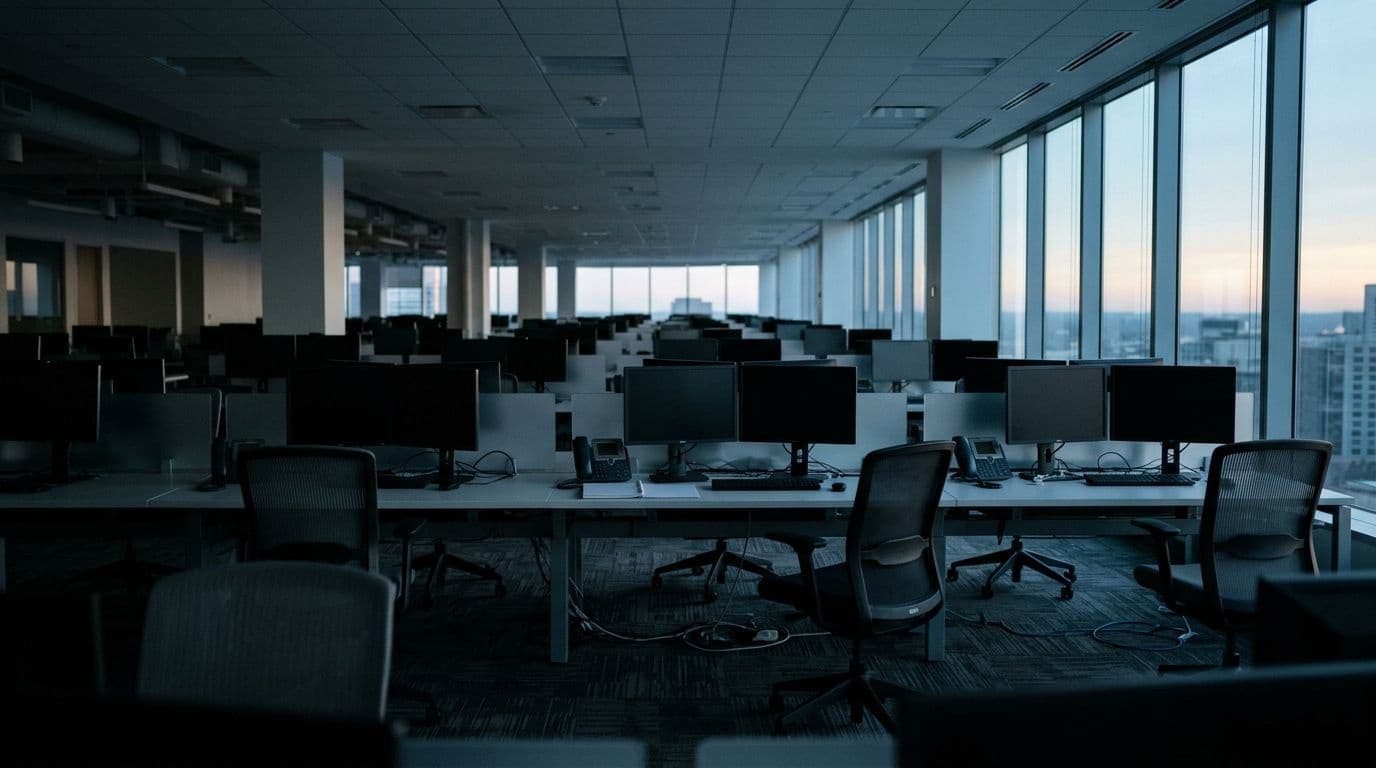 Rows of empty office desks and dark monitors in a large open-plan corporate floor lit by cool morning daylight