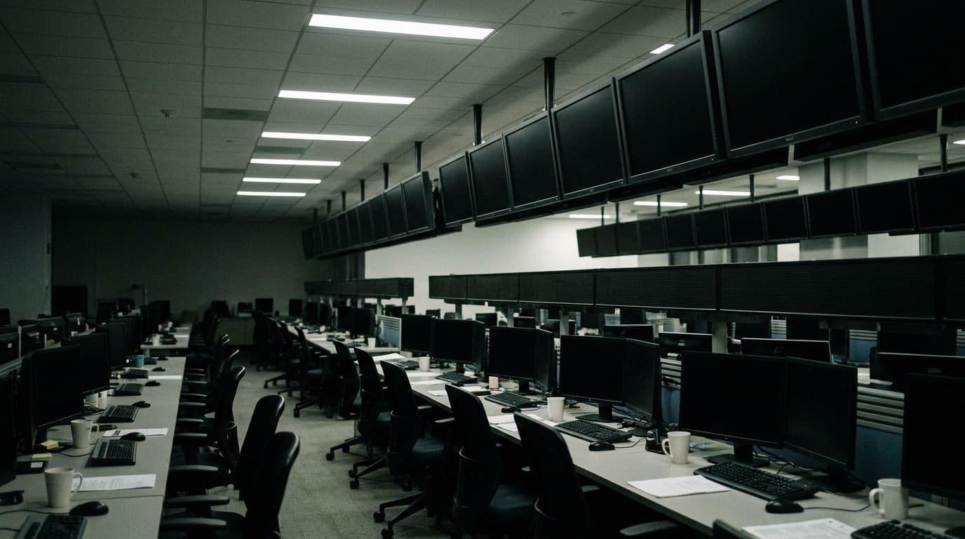 Rows of blank, powered-off stock ticker display boards on an empty trading floor, no people, no visible text or numbers.