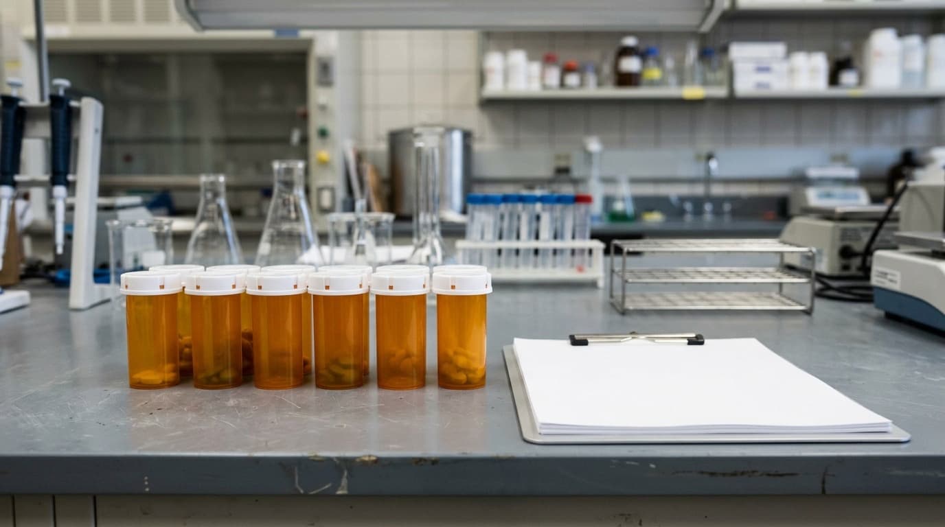 A row of amber prescription pill bottles and a clipboard on a lab bench, no people, no visible text, no logos.