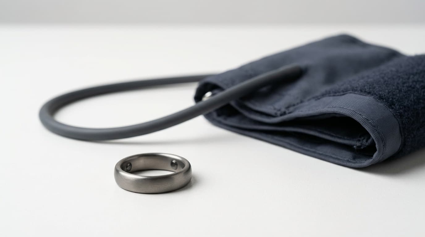 Close-up of a slim matte metal smart ring resting on a plain white surface beside an unused blood pressure cuff, no people, no text.