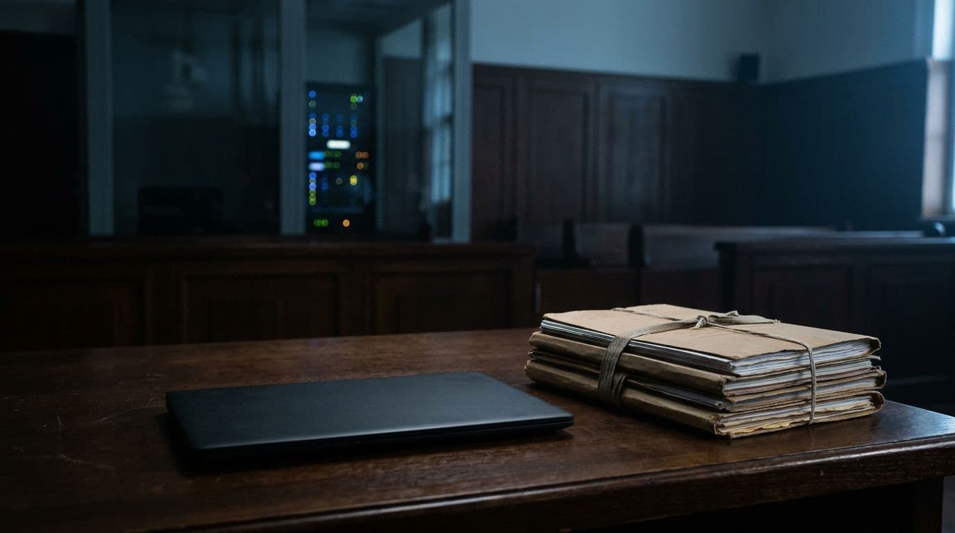 A dark courtroom bench with a closed laptop and sealed folders in cold blue light, with server racks behind glass