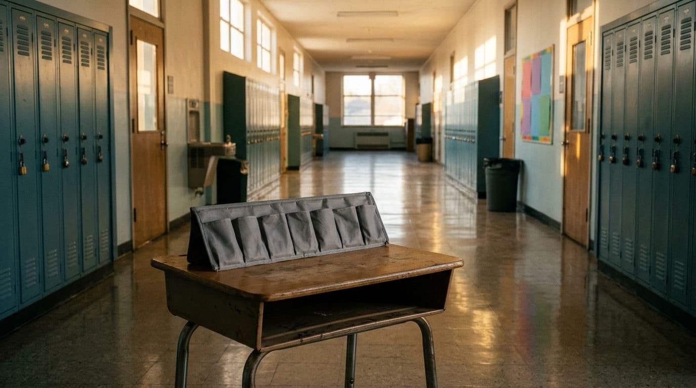 Empty school hallway with closed lockers and a row of gray phone storage pouches on a wooden desk