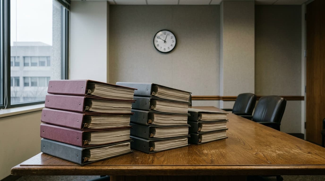 Stacks of labeled federal budget binders on a conference table in an empty government office, a wall clock behind them, no people, no readable text.