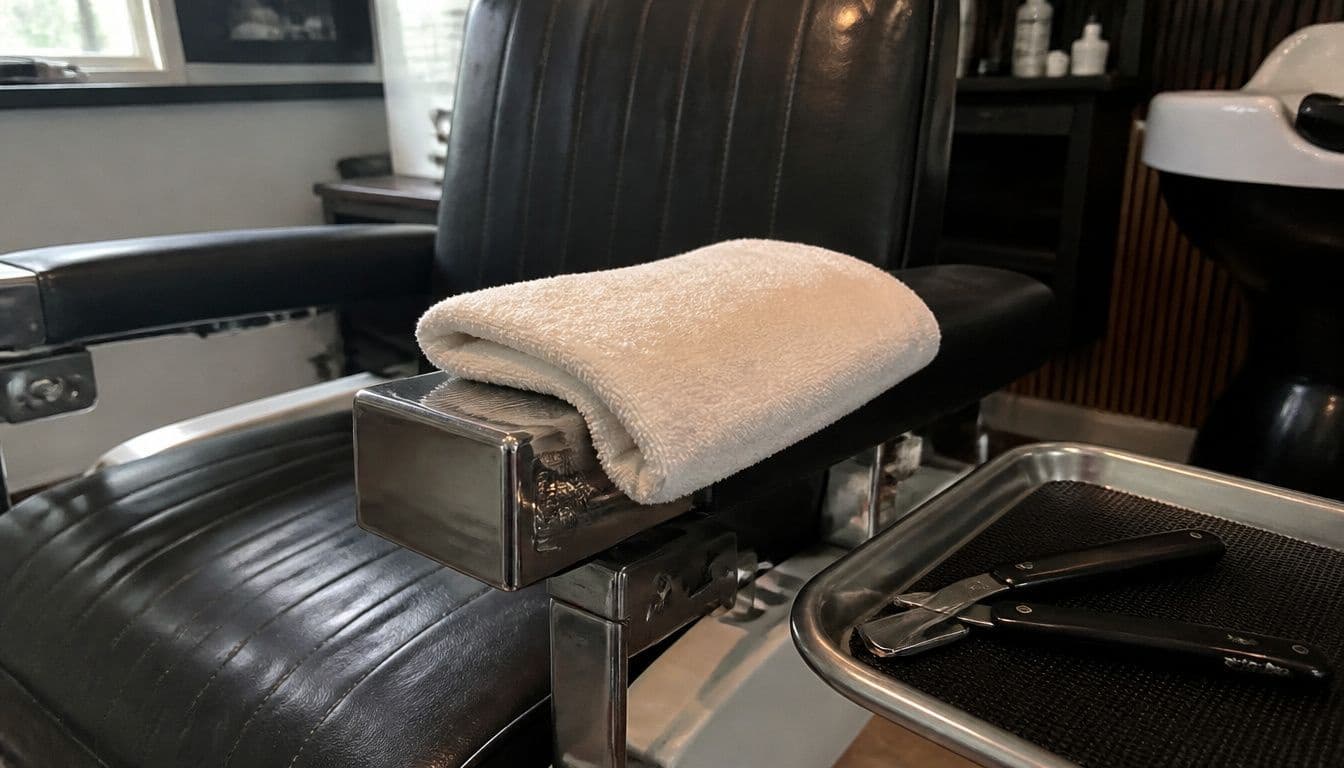 A folded white hot towel on a barber chair armrest beside a straight razor on a metal tray