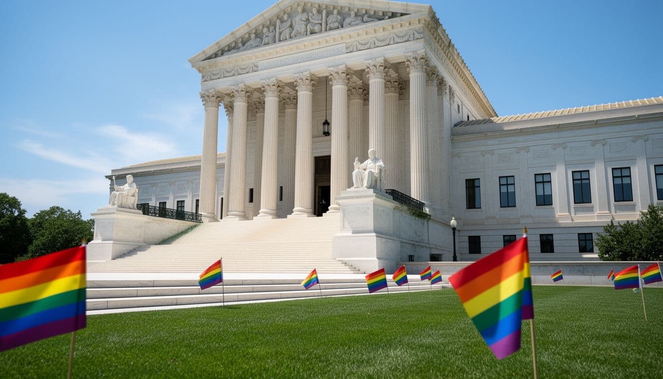 The Supreme Court building with small rainbow flags on the lawn