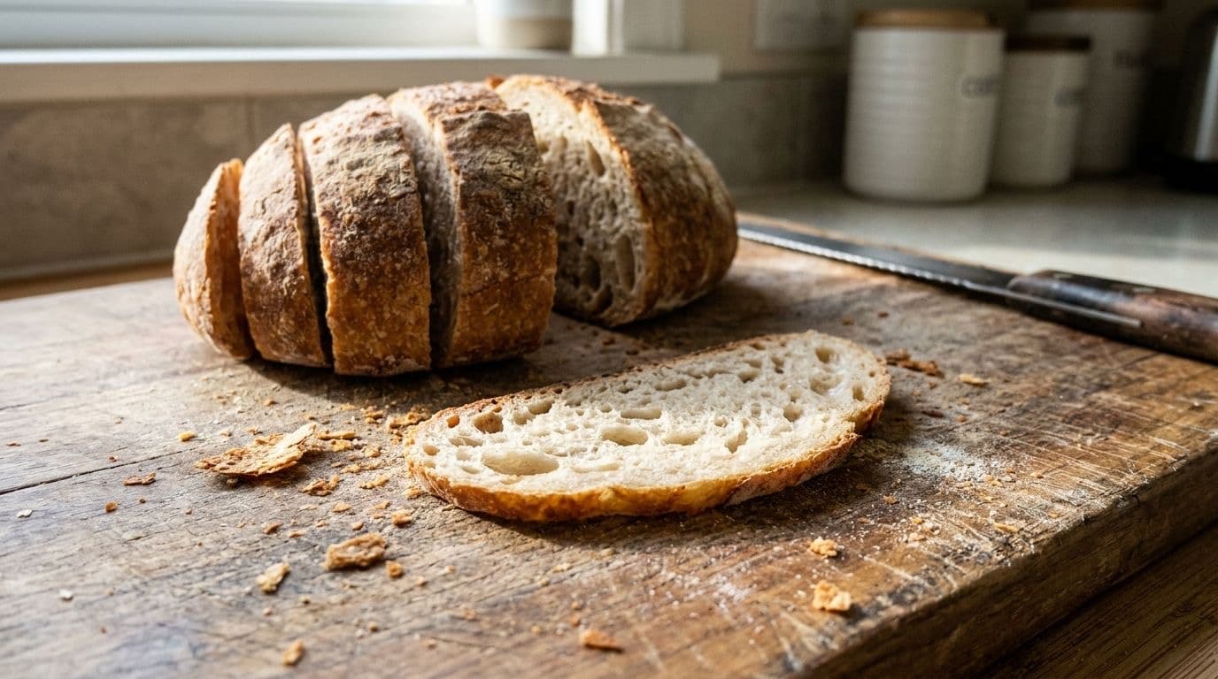 Sliced rustic loaf of bread on a worn wooden cutting board with one slice set apart