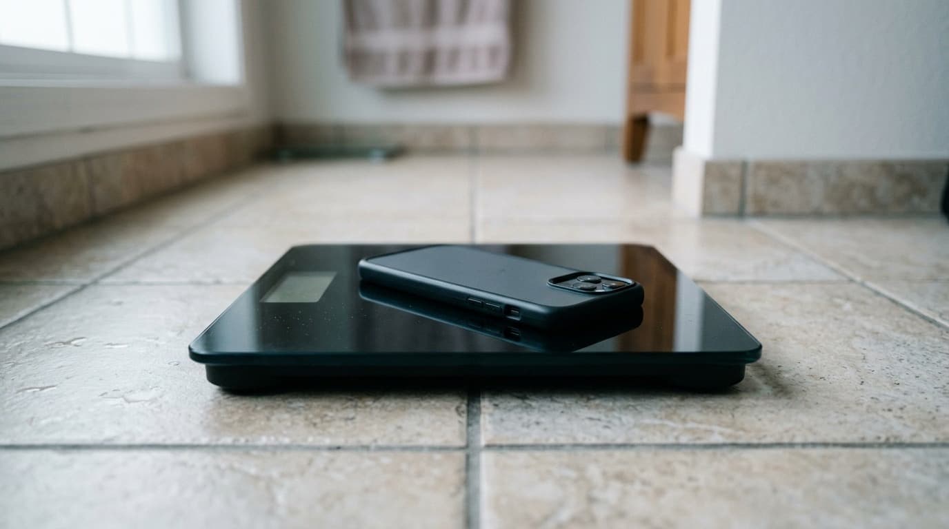 A smartphone resting face down on a bathroom scale on a tiled floor, soft cool morning light, no people, no text.