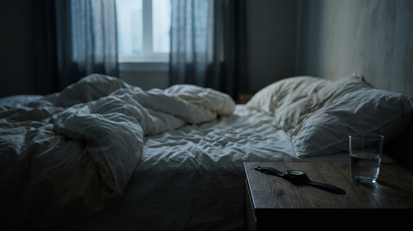 A rumpled bed in a dim bedroom at night, a wrist-worn sleep tracker glowing faintly on the nightstand, no people.