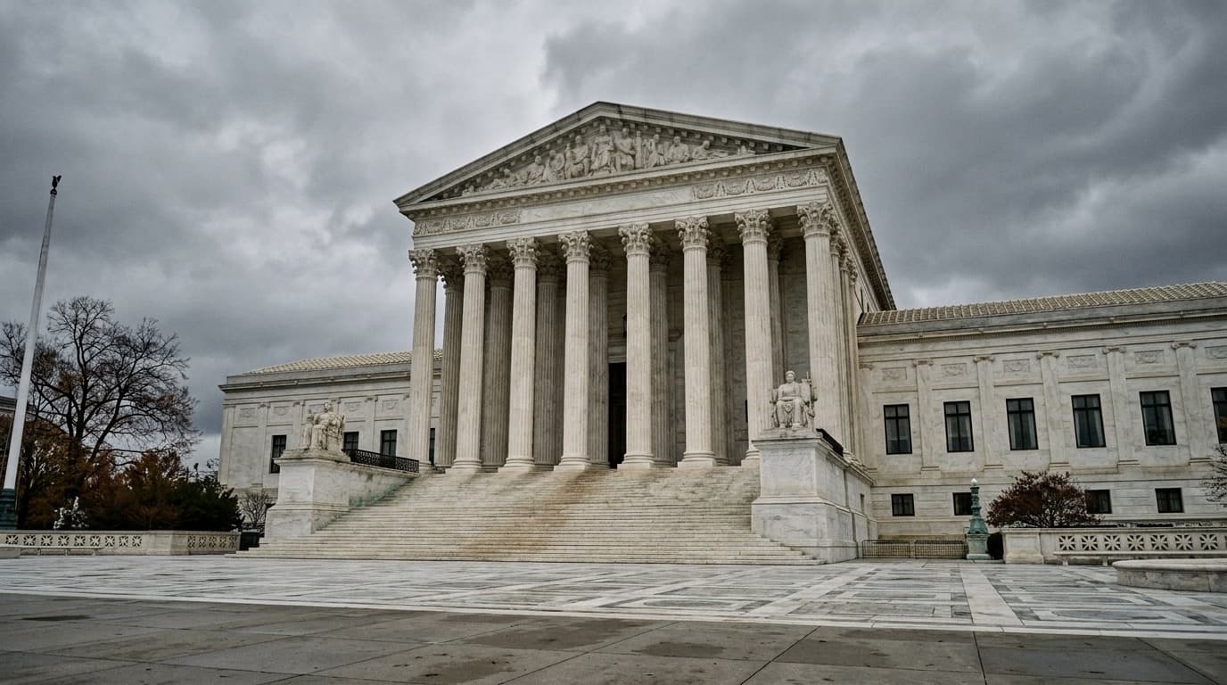 The marble columns and pediment of the U.S. Supreme Court building under an overcast sky, no people, no text.