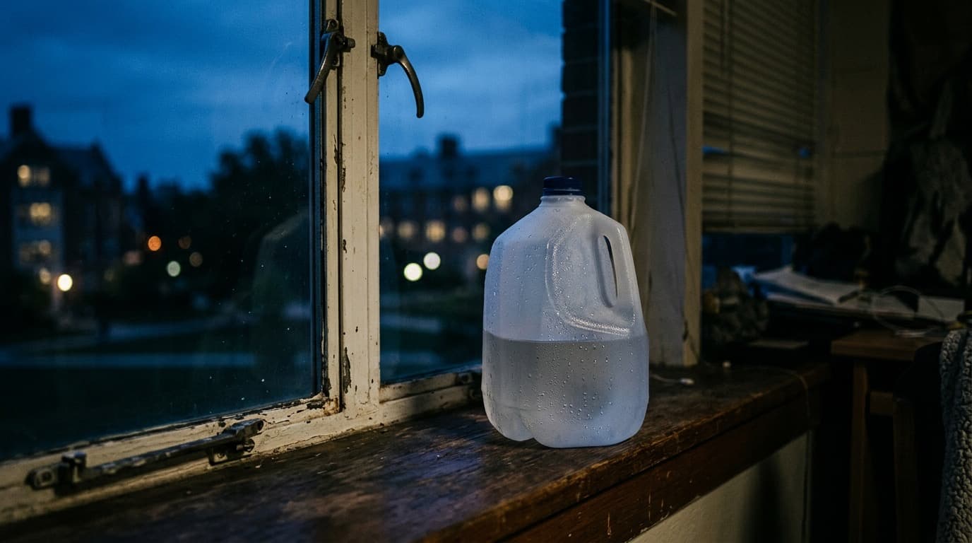 A gallon plastic jug sitting alone on a dorm room windowsill at dusk, condensation on the plastic, no people, no text or labels visible.