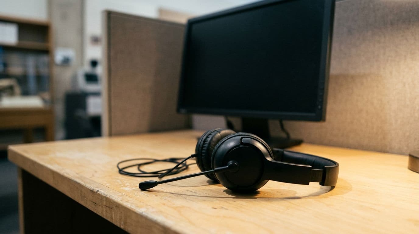 Black over-ear headphones with a boom microphone sit on a pale wooden desk in front of a blurred dark monitor.