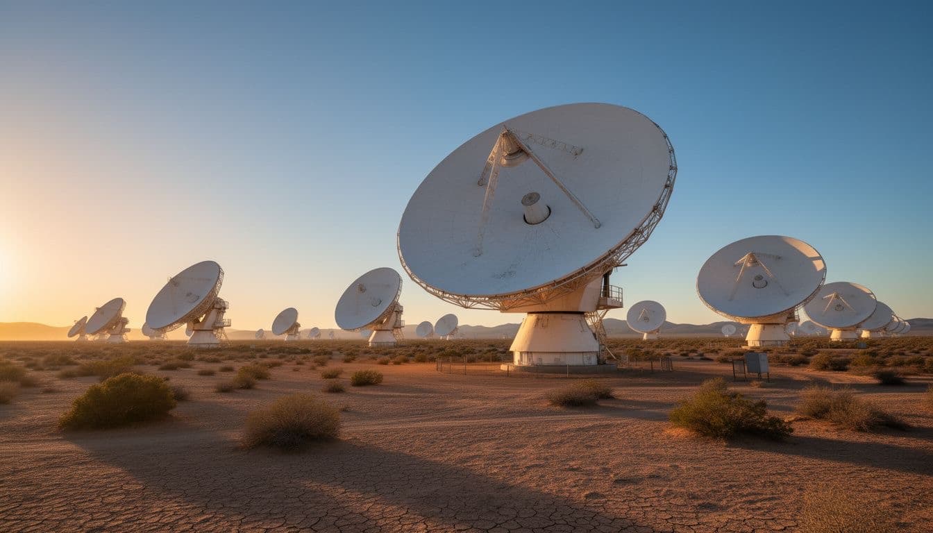 Radio telescope dishes in a desert at sunrise