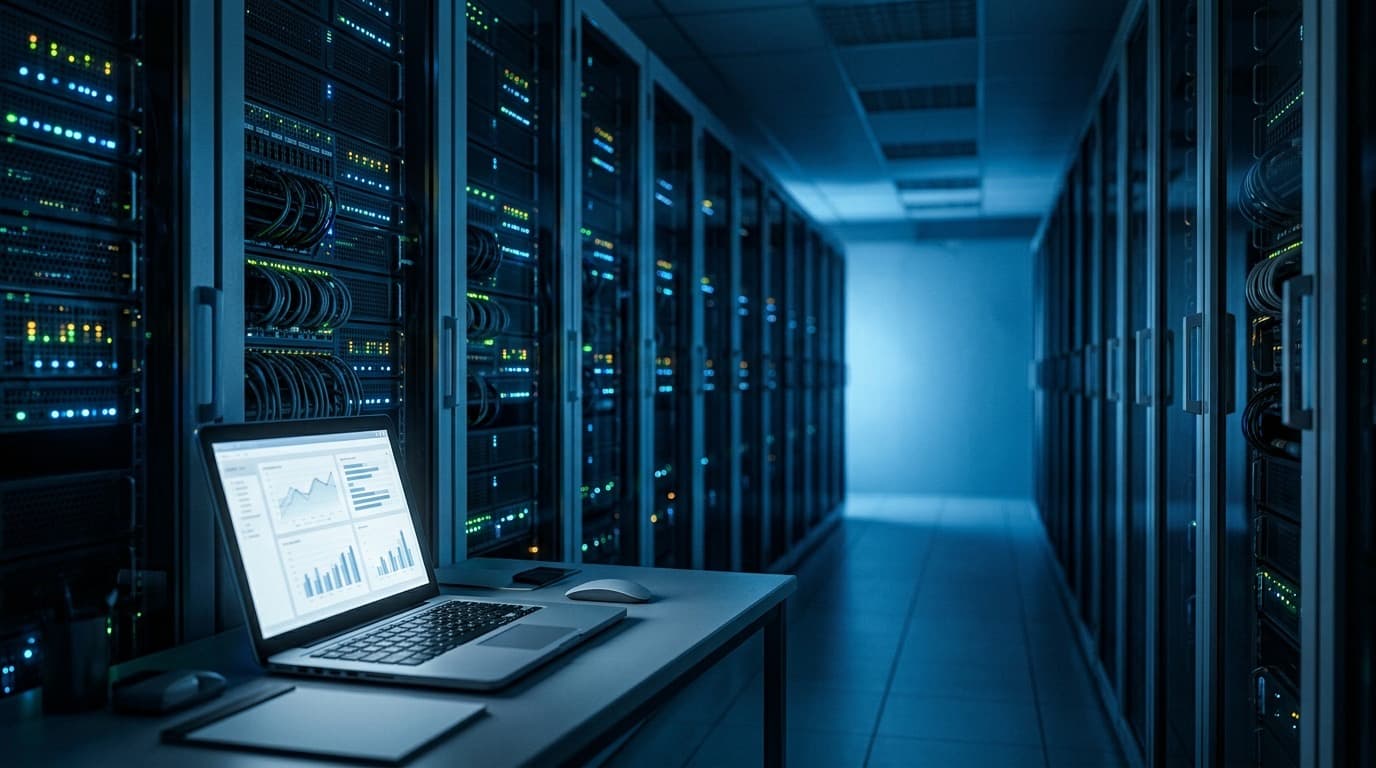 A dim server room corridor with a laptop open on a desk in the foreground, no people, no visible text.