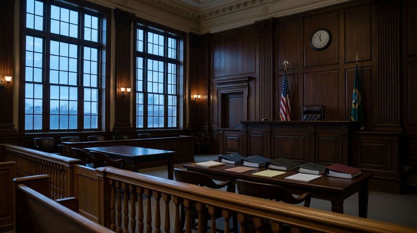 An empty federal courtroom at dusk with a judge's bench, case binders on a table and a clock near midnight.