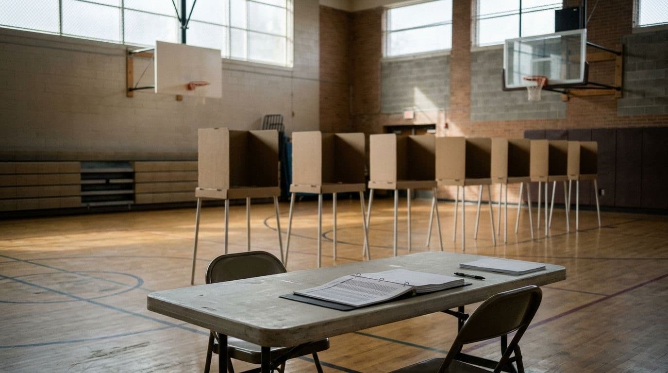 Empty school gymnasium polling place with cardboard voting booths and a voter roster binder on a folding table