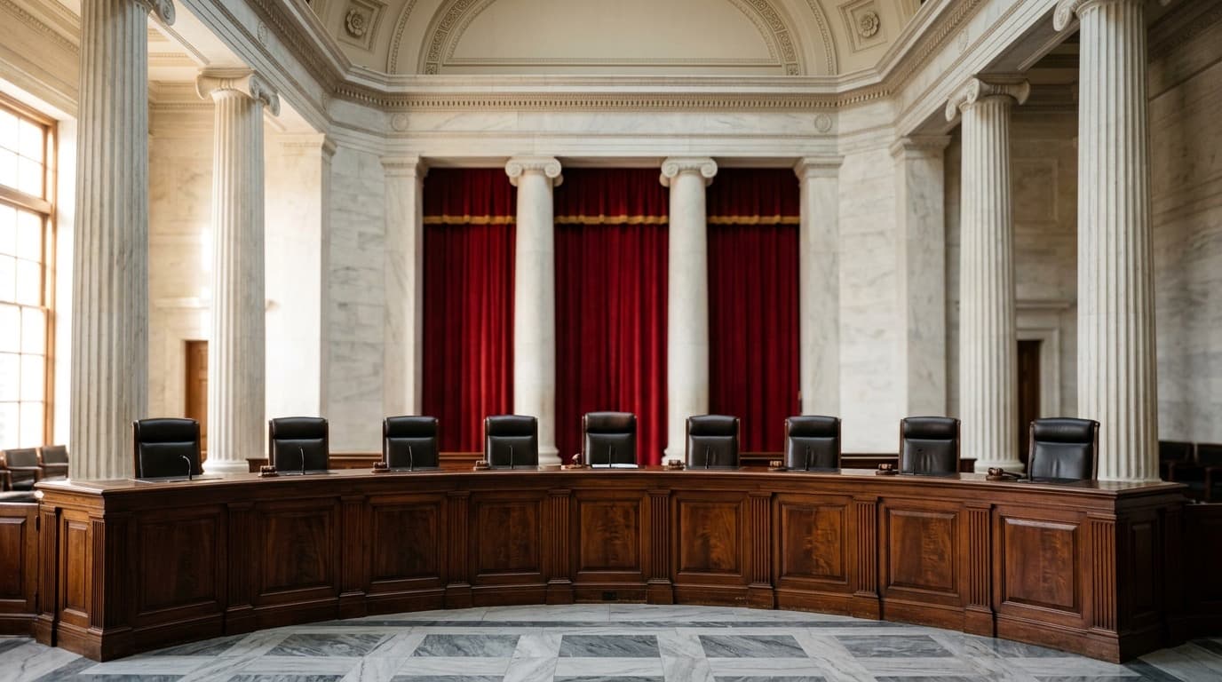 An empty Supreme Court courtroom bench and marble columns in soft morning light, no people, no text anywhere.