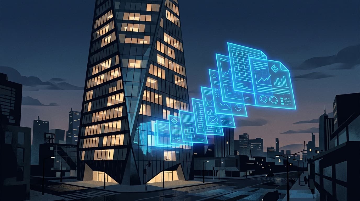 Abstract illustration of a glass office tower with a stack of transparent ledger pages floating just outside its walls, no people, no text