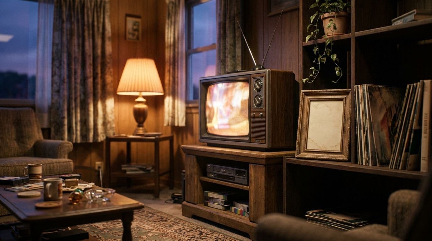 A glowing vintage television stands beside shelves of vinyl records and an empty picture frame in a dim living room.