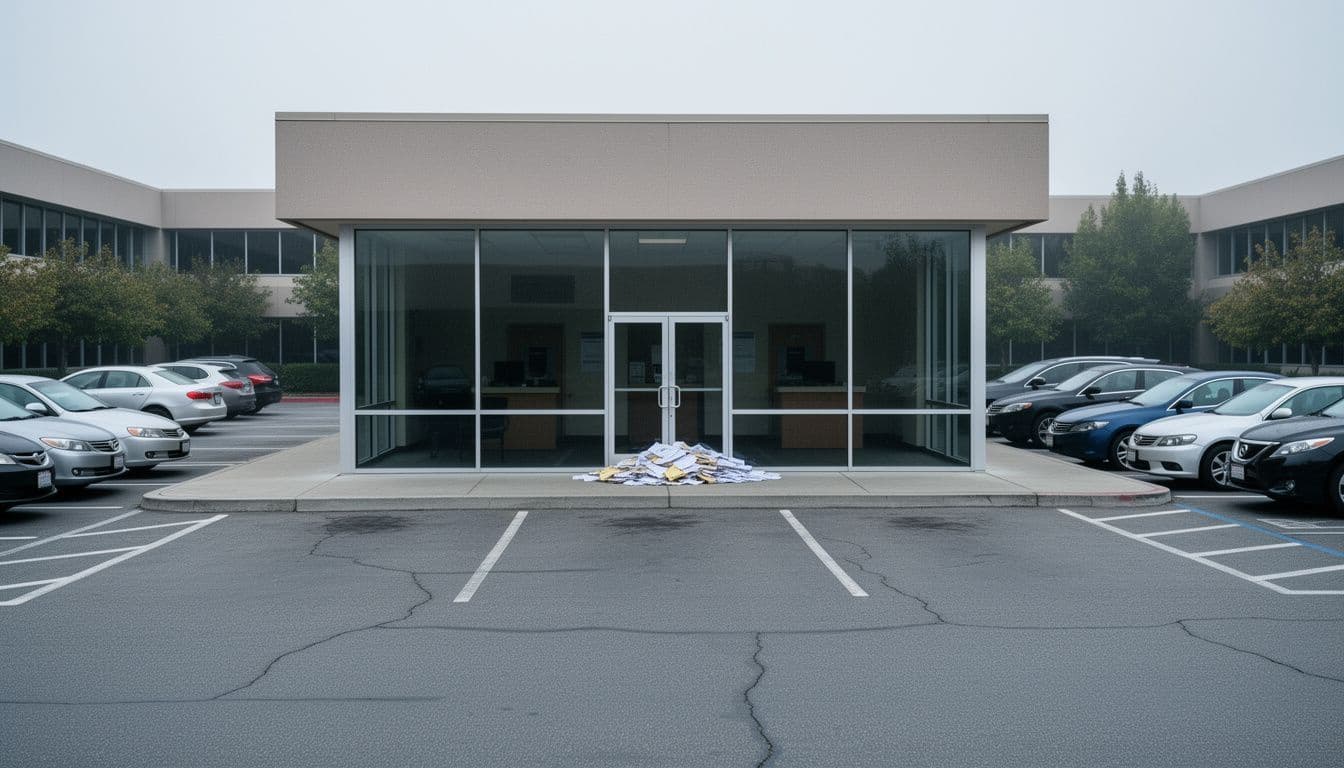 A closed bank branch with papers piled against the glass door and an empty parking lot