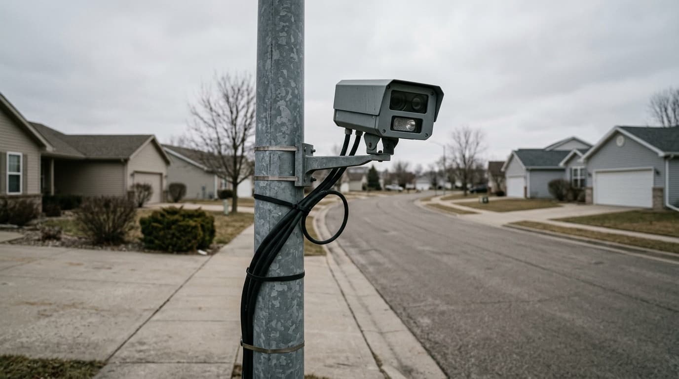 A license plate reader camera mounted on a metal pole against an overcast sky, no people, no text, no visible logos.