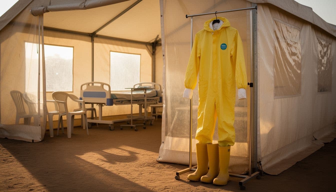 A yellow protective suit and boots in an isolation tent
