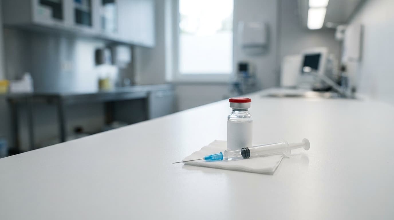 A measles vaccine vial and syringe resting on a clean clinical counter, no people visible.