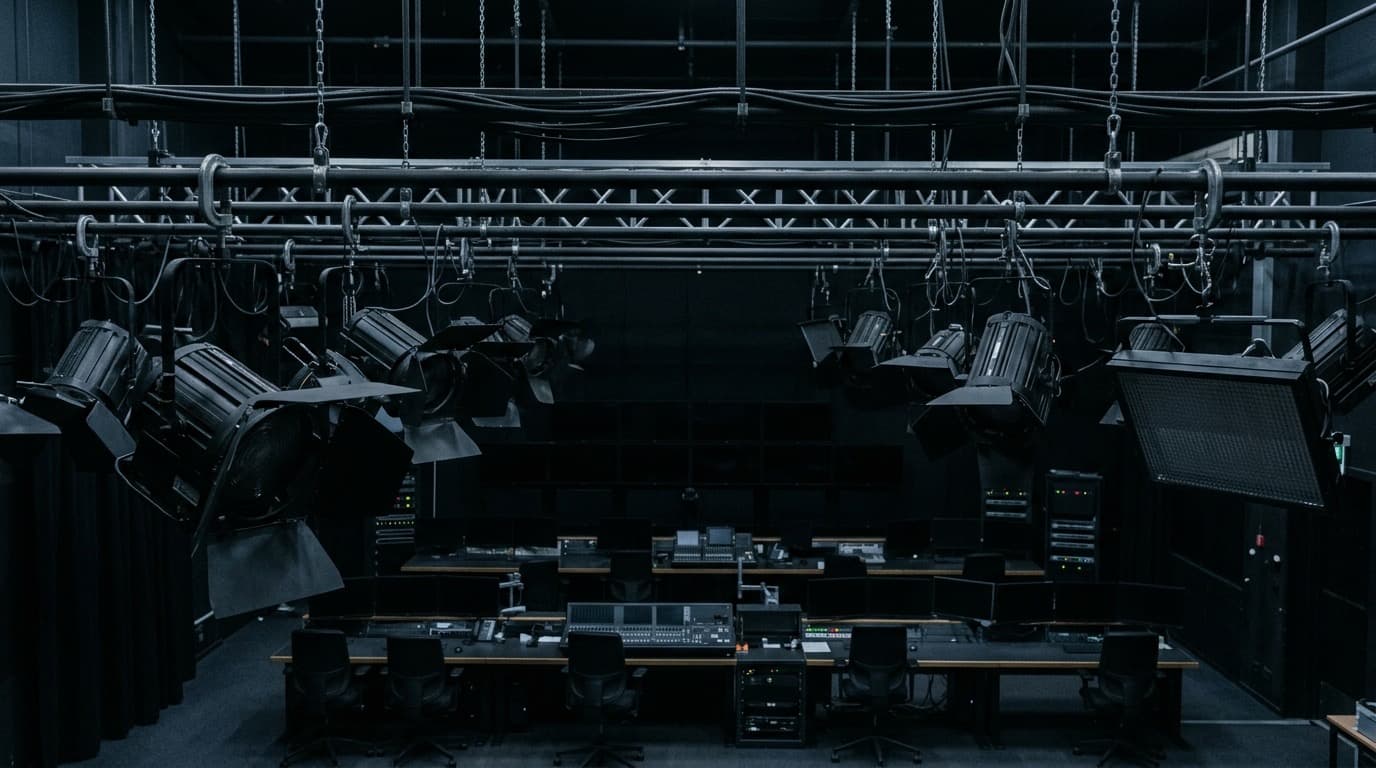 Rows of dark, empty television studio lights hanging above a broadcast control room, no people, no text, soft blue tones.