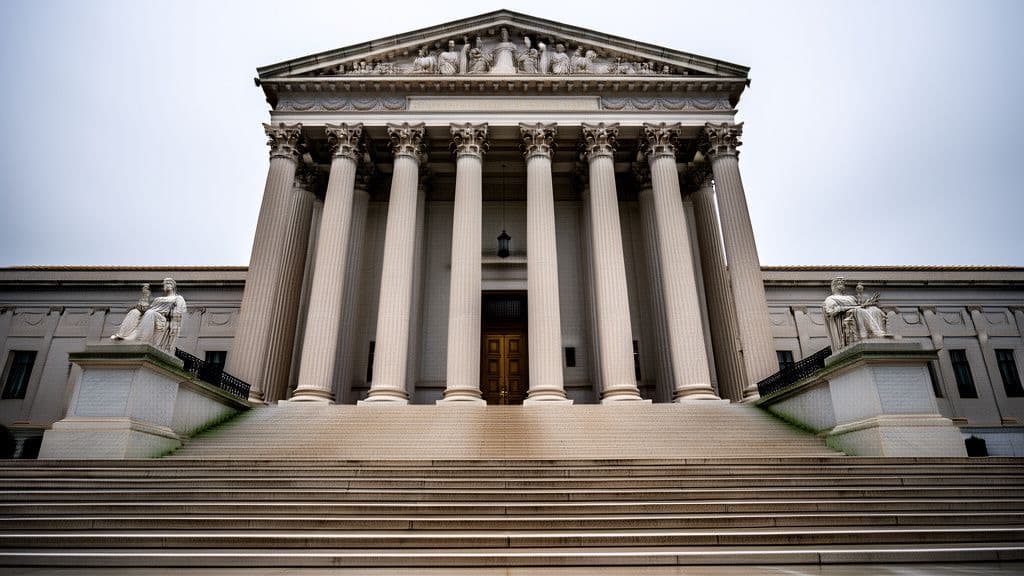 An empty federal courthouse entrance with tall stone columns under an overcast sky, no people, no text.