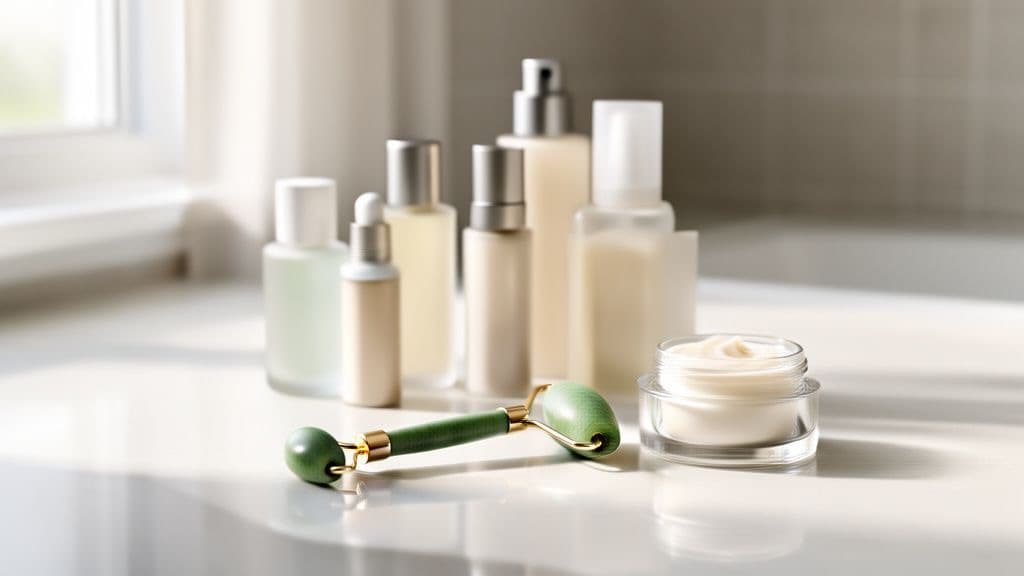 Modern bathroom counter with skincare bottles, a jade facial roller, and a small glass jar in soft natural light, no people, no text