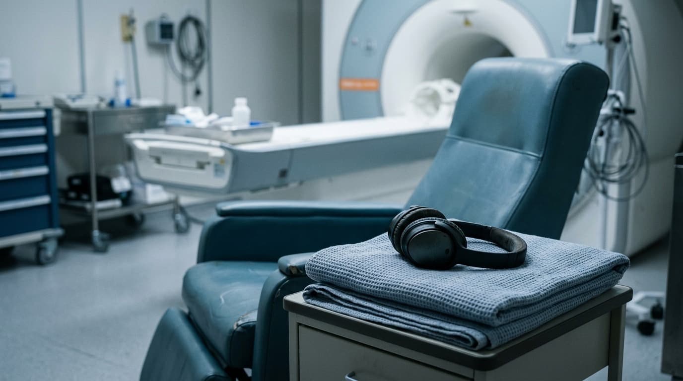 A pair of over-ear headphones resting on a folded blanket beside an empty chair in a quiet hospital scanning room, soft clinical light, no people.