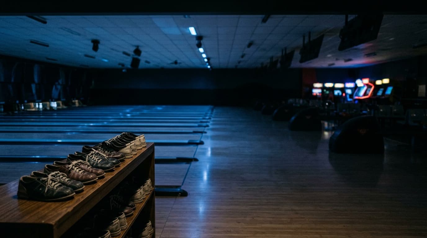 A dimly lit bowling alley with empty lanes and stacked shoes, arcade lights glowing softly in the background, no people, no text anywhere.
