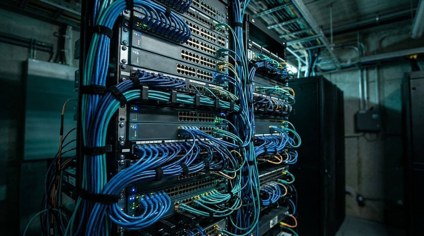 Network switches wired with bundles of blue and teal ethernet cables in a dim equipment closet.
