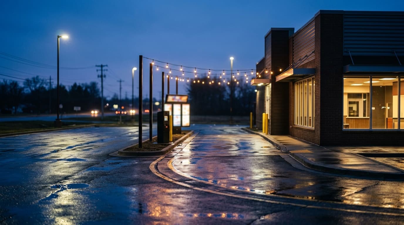 Empty fast food restaurant drive-thru lane and parking lot at dusk, blue hour lighting, wet pavement, string lights overhead, no people, no readable signage.