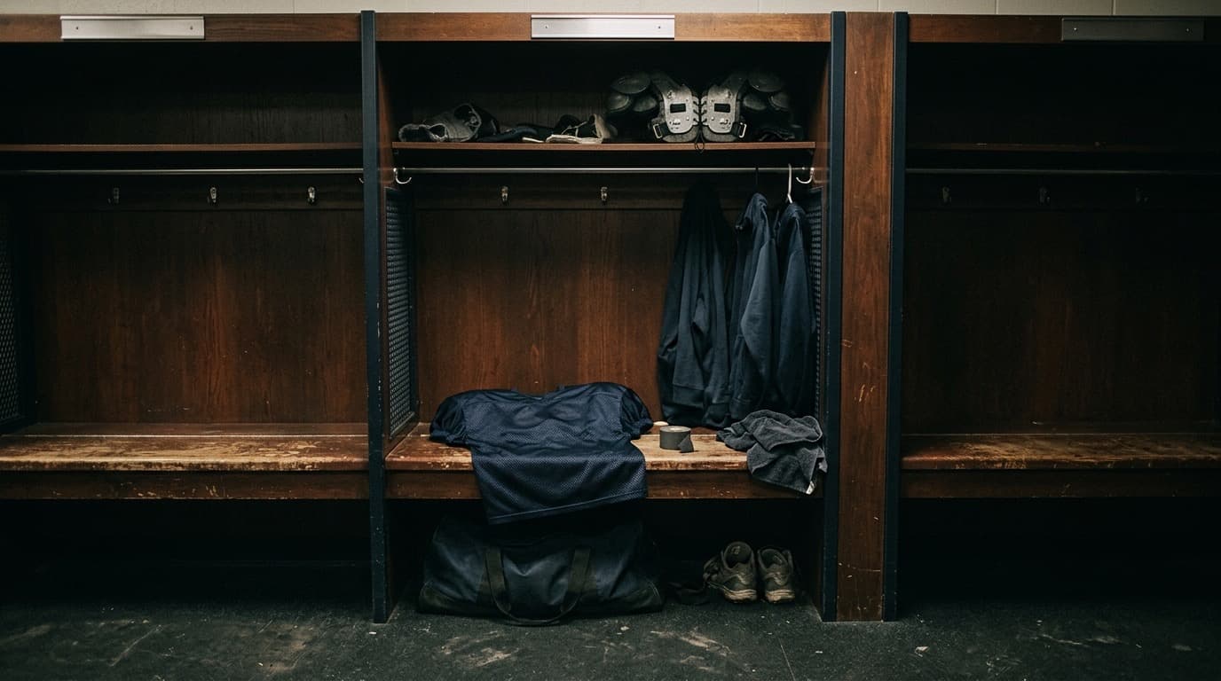 An empty NFL locker room stall with a folded practice jersey resting on the bench, dim overhead light, no players or visible logos.